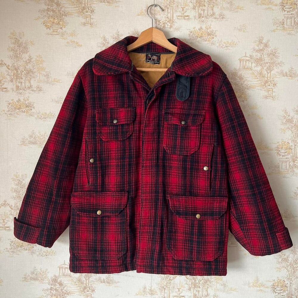 1930s Woolrich Wool Mackinaw Hunting Jacket | Chin Strap Buffalo Plaid | Medium